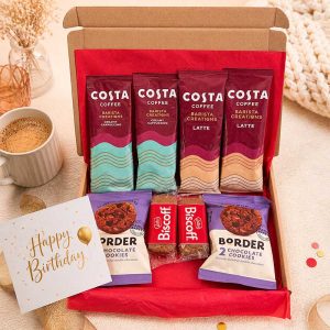 40th birthday coffee gift box with coffee sachets, biscuits and personalised handwritten card