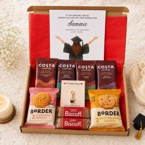 Graduation letterbox gift for graduate with coffee sachets, biscuits and personalised card.
