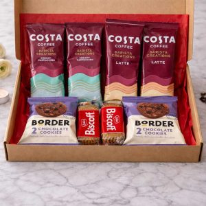 Coffee lover letterbox gift box with Costa coffee sachets and biscuits