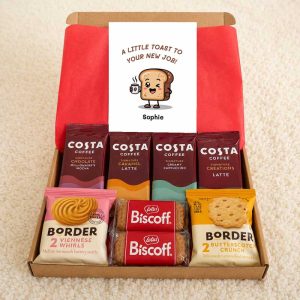 New job letterbox gift box with Costa coffee sachets and biscuits